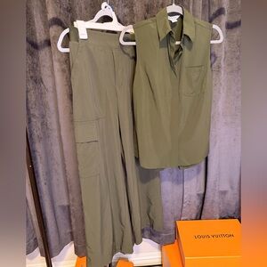 Athleta Olive Green Wide Leg Pant and Shirt